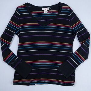 OP Ocean Pacific Striped Thermal Top Women XXL Black V-Neck Long Sleeve Y2K Tee